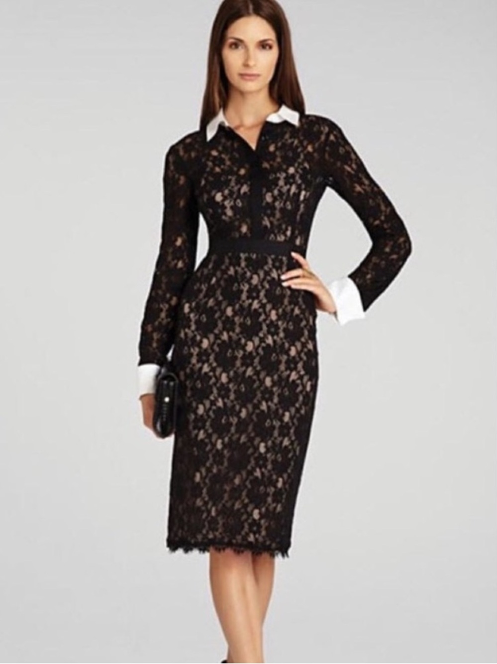 BCBGMAXAZRIA Olga Black Lace Midi Dress White Collar Cuff Contrast Size 4